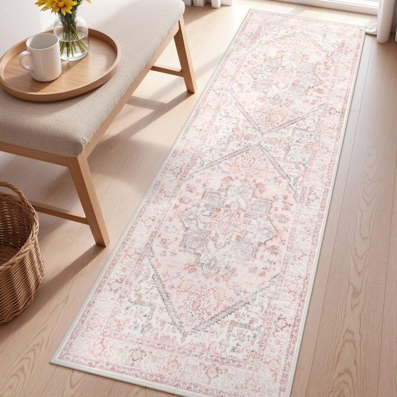 LIVEBOX Washable Runner 2x6 - Oriental Floral Kitchen Rug, Long Entryway, Low-Pile Vintage for Bedroom, Non-Skid Soft Carpet Throw for Bathroom Laundry Room Hallway Pink - Image 2