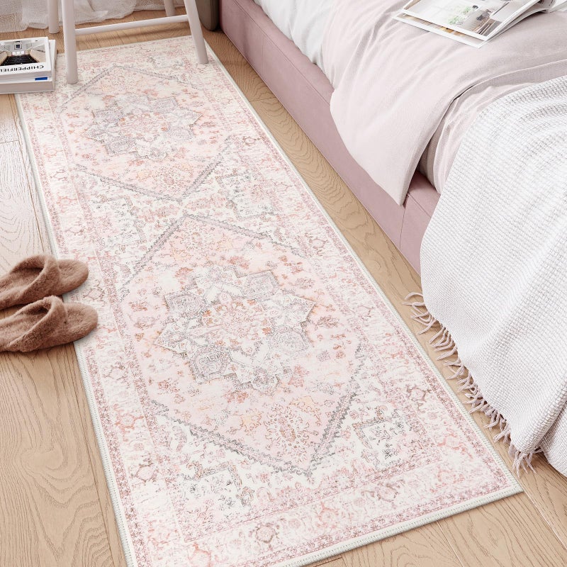 LIVEBOX Washable Runner 2x6 - Oriental Floral Kitchen Rug, Long Entryway, Low-Pile Vintage for Bedroom, Non-Skid Soft Carpet Throw for Bathroom Laundry Room Hallway Pink - Image 1