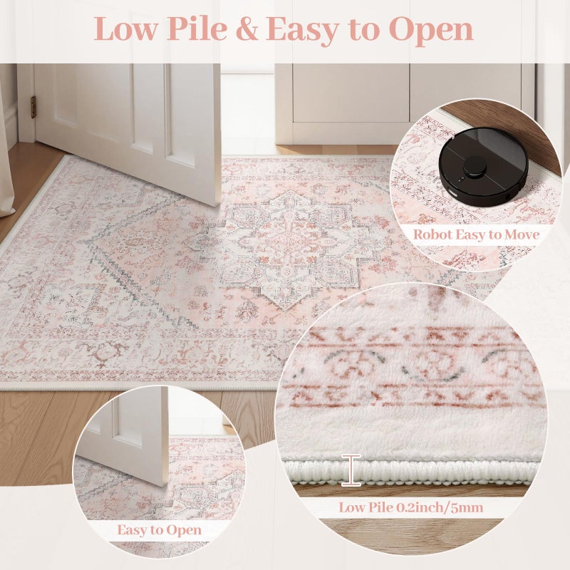 LIVEBOX Washable Runner 2x6 - Oriental Floral Kitchen Rug, Long Entryway, Low-Pile Vintage for Bedroom, Non-Skid Soft Carpet Throw for Bathroom Laundry Room Hallway Pink - Image 5
