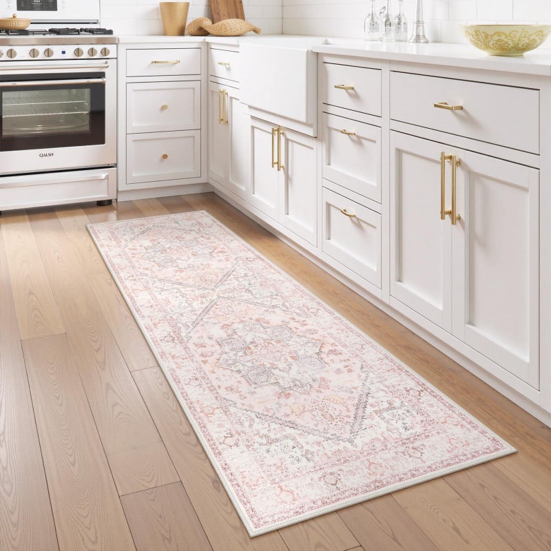 LIVEBOX Washable Runner 2x6 - Oriental Floral Kitchen Rug, Long Entryway, Low-Pile Vintage for Bedroom, Non-Skid Soft Carpet Throw for Bathroom Laundry Room Hallway Pink - Image 3