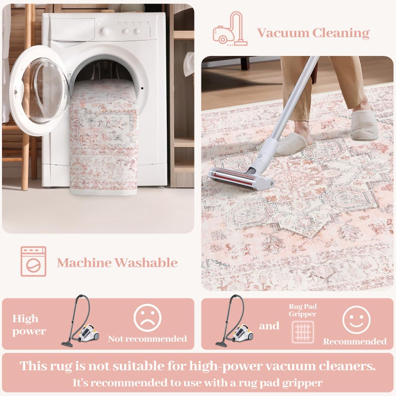 LIVEBOX Washable Runner 2x6 - Oriental Floral Kitchen Rug, Long Entryway, Low-Pile Vintage for Bedroom, Non-Skid Soft Carpet Throw for Bathroom Laundry Room Hallway Pink - Image 4