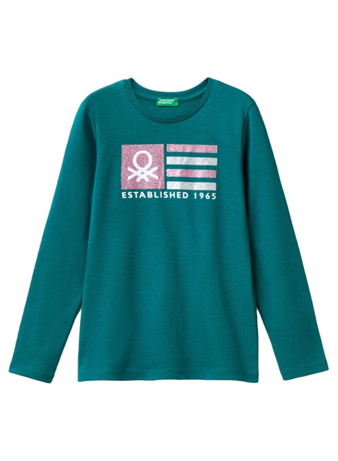Benetton Girls Glitter Printed Long Sleeve T-shirt - Image 1