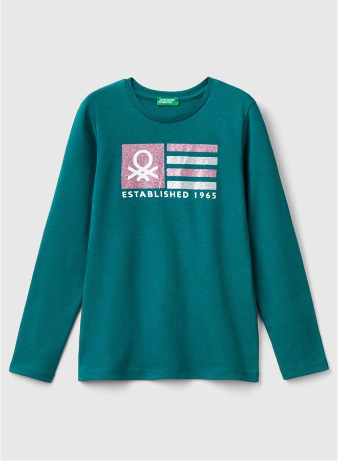 Benetton Girls Glitter Printed Long Sleeve T-shirt - Image 4