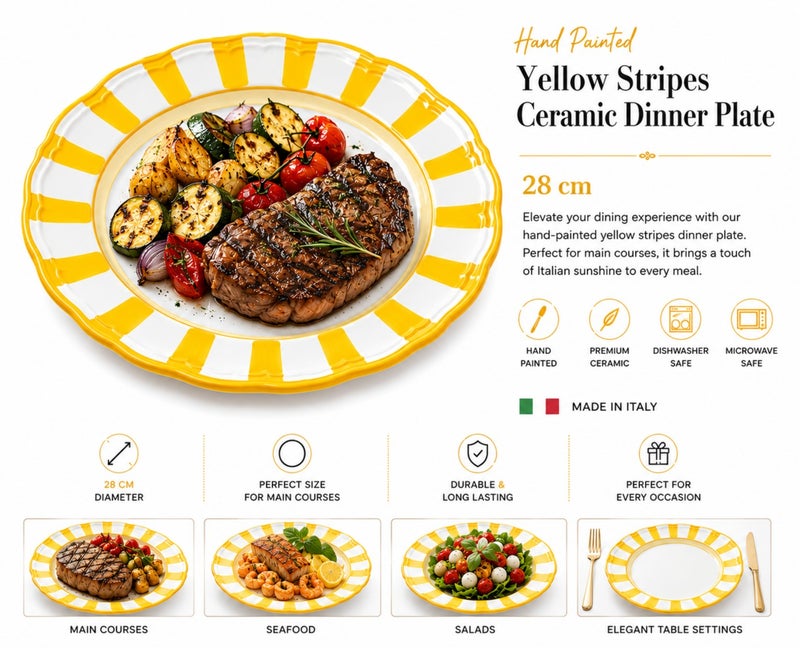 Rossetti Hand Painted Yellow Stripes Ceramic Dinner Plate (28cm) - Image 2