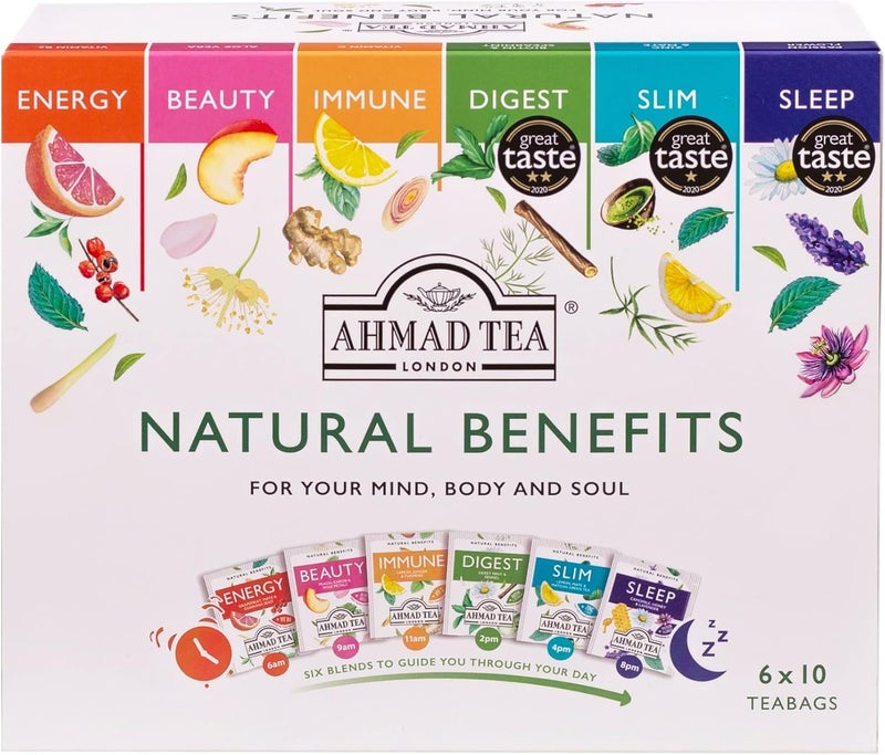 Ahmad Tea Natural Benefits Functional Tea Selection Pack - 60 Teabag Sachets with Green Teas, Fruit & Herbal Infusions - Image 1