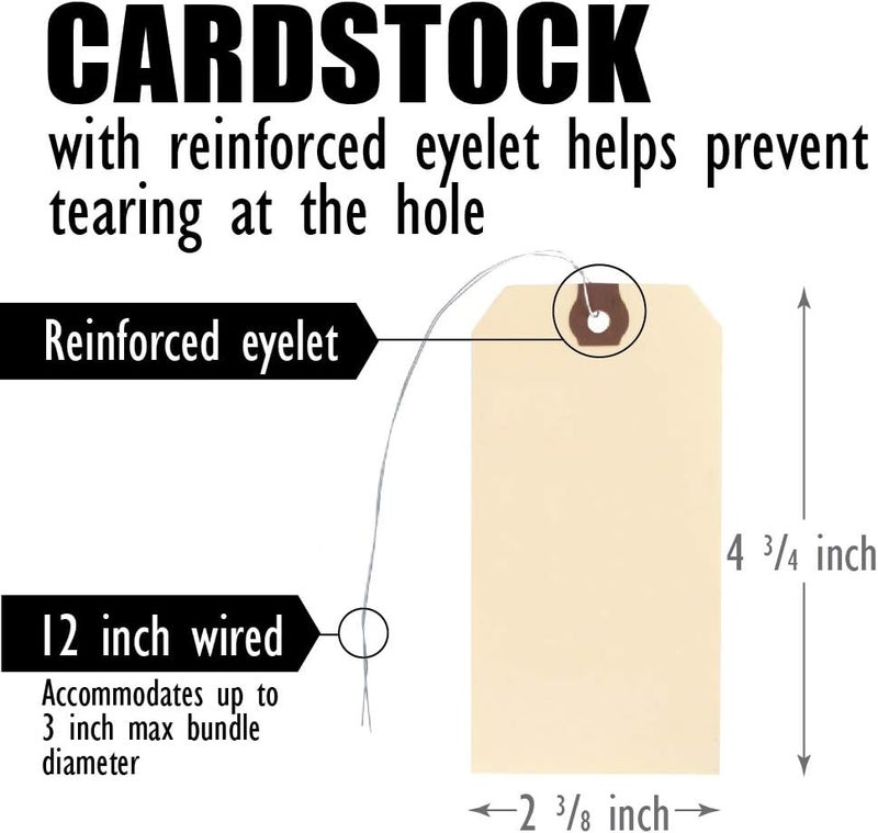 AMRAM Blank Shipping Tags with Wire,100 Pieces 4 3/4-in x 2 3/8-in, Manila with Reinforced Eyelet - Image 3
