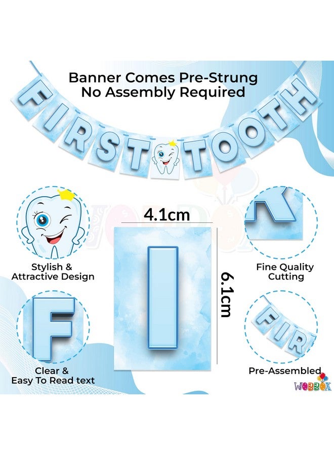 Wobbox First Tooth Bunting Banner, Blue & White Colour with Stylish Font, First Tooth Decoration, Happy Birthday Decoration - Image 2