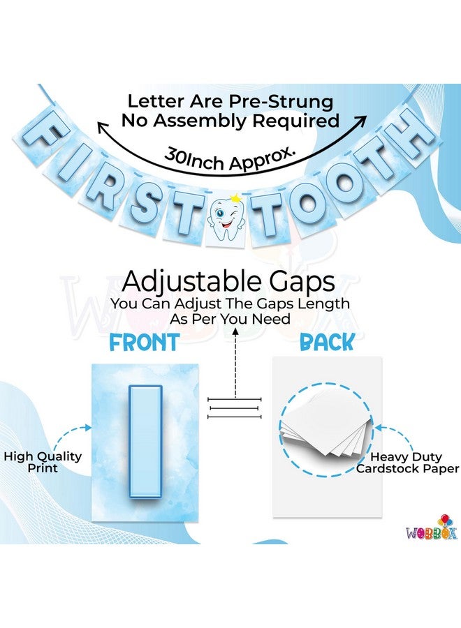 Wobbox First Tooth Bunting Banner, Blue & White Colour with Stylish Font, First Tooth Decoration, Happy Birthday Decoration - Image 3