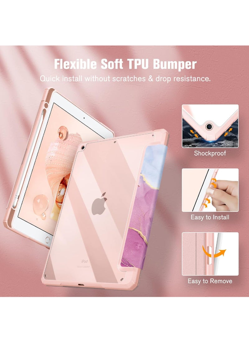 Hybrid Slim Case for iPad 9th/8th/7th Generation (2021/2020 / 2019) 10.2 inch [Built-in Pencil Holder] Shockproof Cover with Clear Transparent Back Shell Auto Sleep Wake