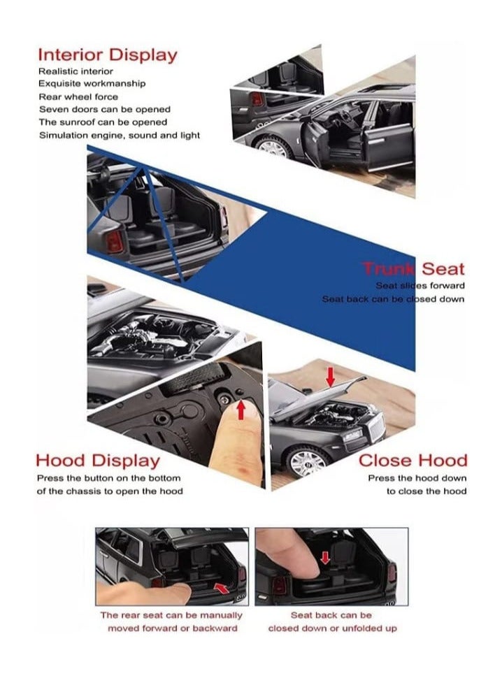 نموذج سيارة رولز رويس كولينان من السبائك المعدنية بمقياس 1/32، مع صوت وإضاءة وأبواب قابلة للفتح وسحب للخلف، هدايا للأطفال والكبار (أسود، بدون علبة) - Image 5