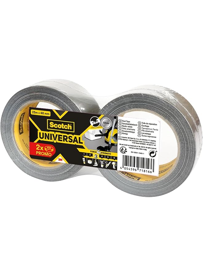 Scotch  Universal Duct Tape 48Mm X 25M Silver Color For General Purpose Holds Quickly And Reliably For Everyday Repairs And Projects 2 Rolls Pack