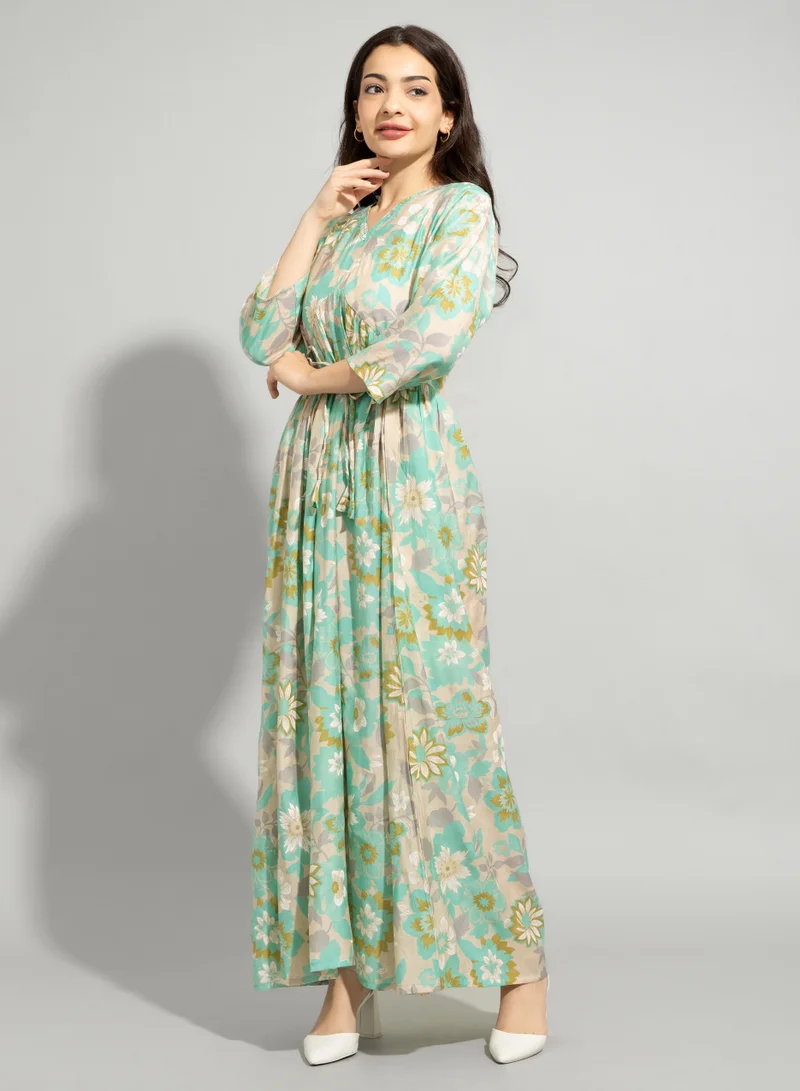 IKKXA Floral Printed Casual Jalabiya IN9073 Green