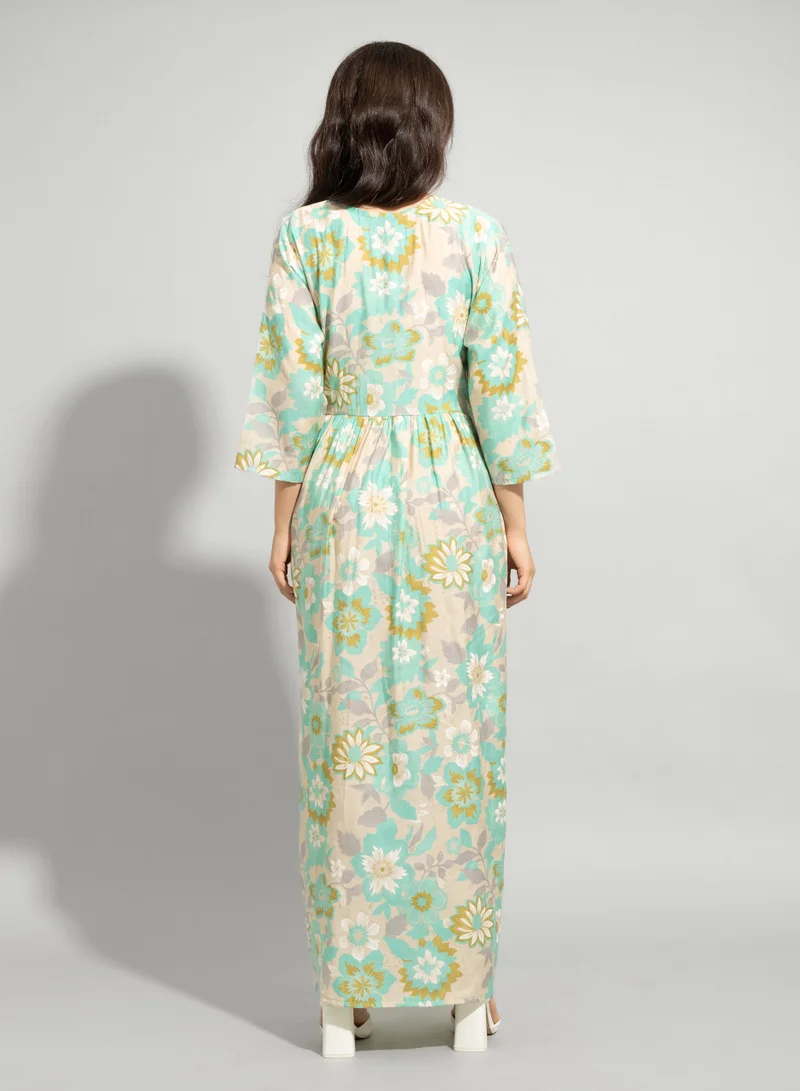 IKKXA Floral Printed Casual Jalabiya IN9073 Green