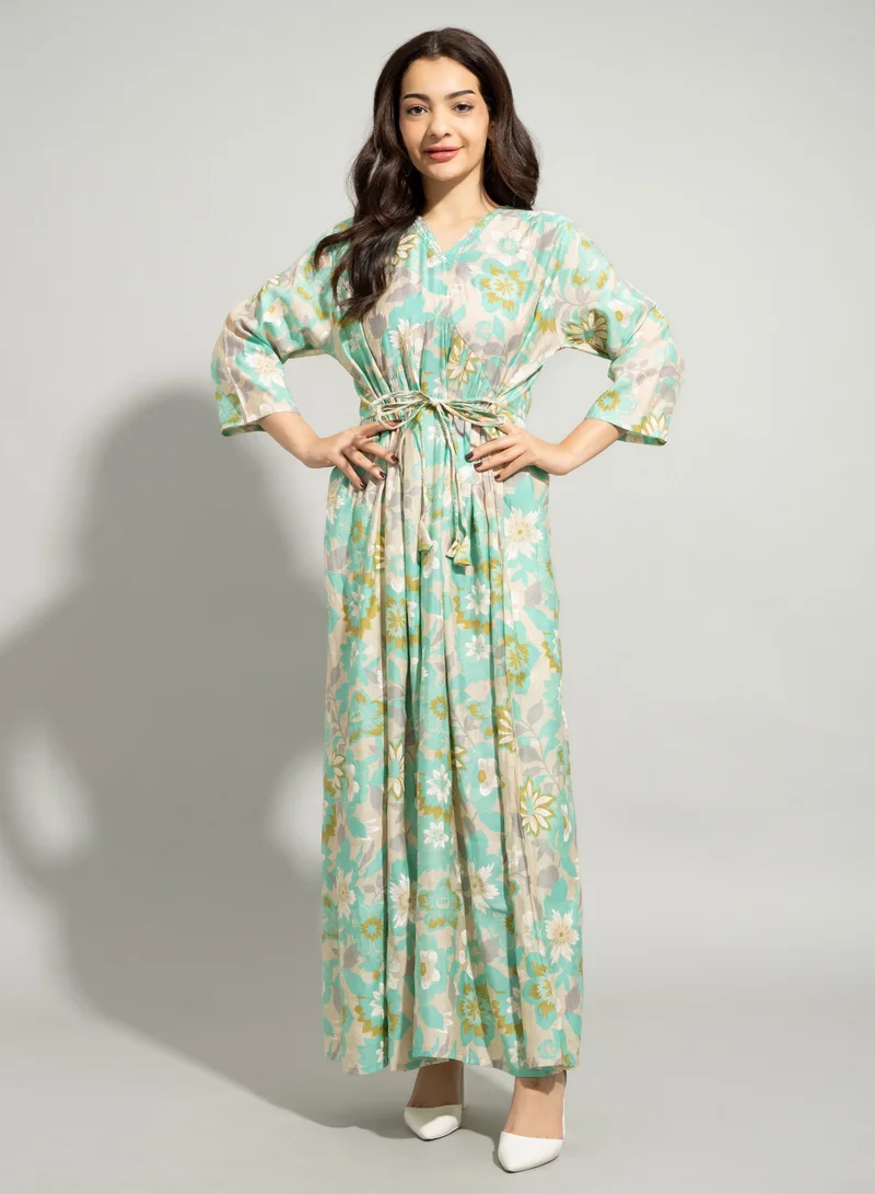 IKKXA Floral Printed Casual Jalabiya IN9073 Green