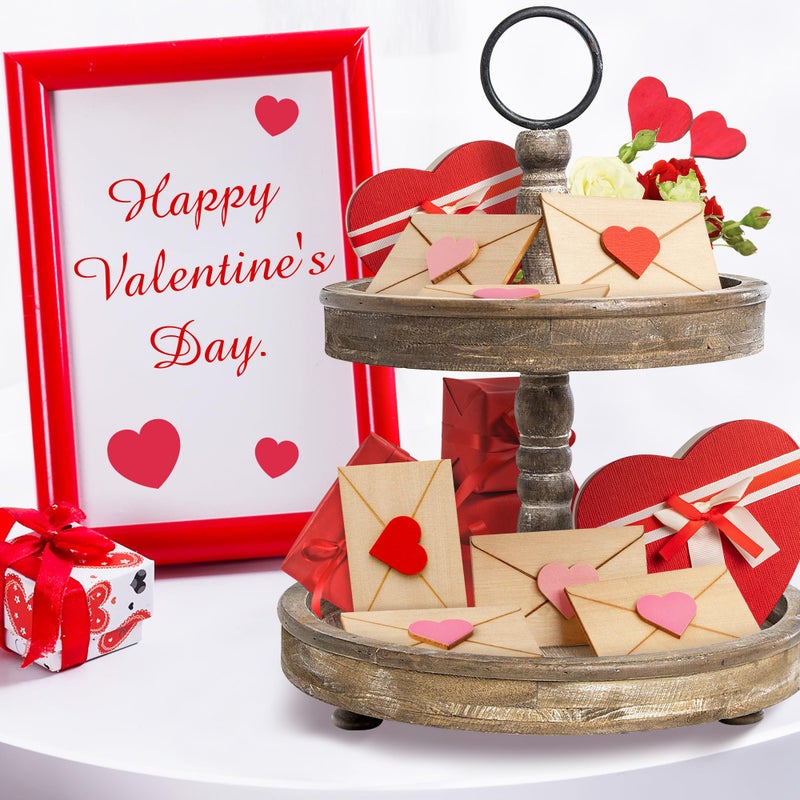 WATINC 15PCS Valentine's Day Tiered Tray Decor, Happy Valentines Mini Wooden Envelopes Decorations with Heart, Romantic Tabletop Centerpiece for Gumball Machine Filler Wedding Engagement Party - Image 4