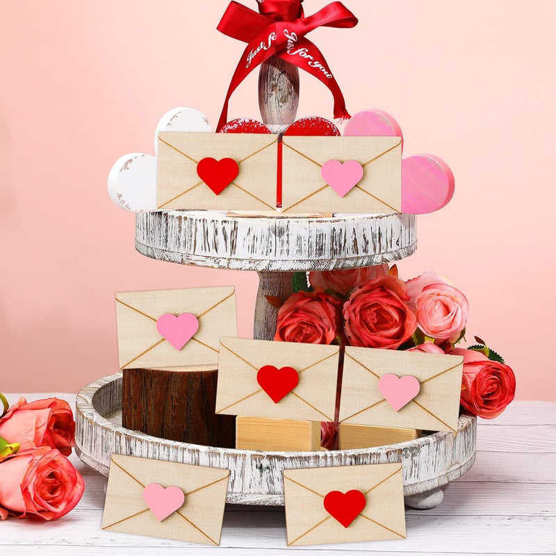 WATINC 15PCS Valentine's Day Tiered Tray Decor, Happy Valentines Mini Wooden Envelopes Decorations with Heart, Romantic Tabletop Centerpiece for Gumball Machine Filler Wedding Engagement Party - Image 5