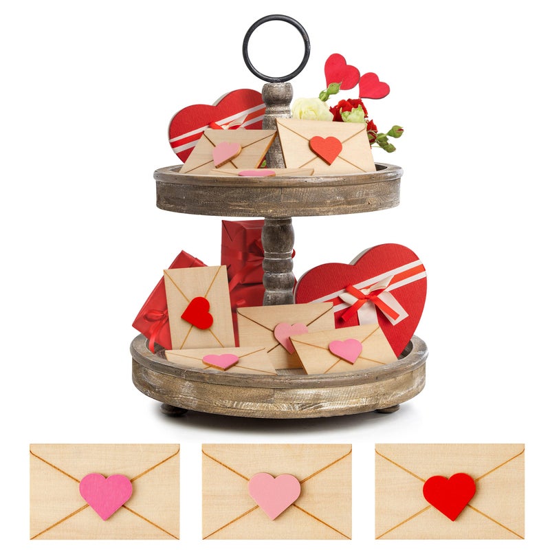 WATINC 15PCS Valentine's Day Tiered Tray Decor, Happy Valentines Mini Wooden Envelopes Decorations with Heart, Romantic Tabletop Centerpiece for Gumball Machine Filler Wedding Engagement Party - Image 1