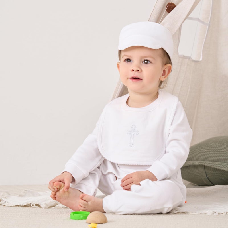 Pureborn Baby Boys Baptism Outfits Long Sleeve Christening Romper Organic Cotton Jumpsuit With Bonnet And Bib 3 Pcs White 3-6 Months - Image 2