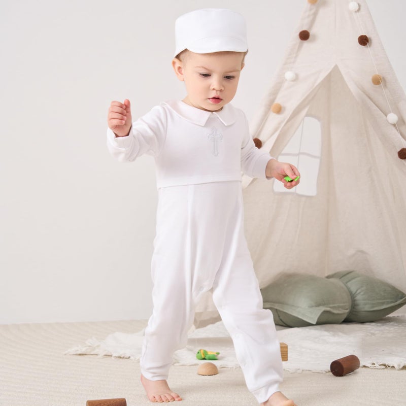 Pureborn Baby Boys Baptism Outfits Long Sleeve Christening Romper Organic Cotton Jumpsuit With Bonnet And Bib 3 Pcs White 3-6 Months - Image 3