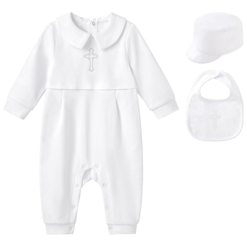 Pureborn Baby Boys Baptism Outfits Long Sleeve Christening Romper Organic Cotton Jumpsuit With Bonnet And Bib 3 Pcs White 3-6 Months - Image 1