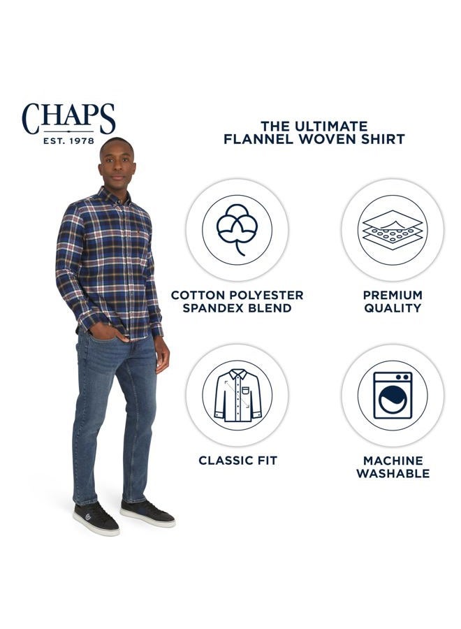 Chaps Men's Classic Fit Long Sleeve Button Down Stretch Flannel Casual Woven Shirt, Blue Multi, M - Image 3