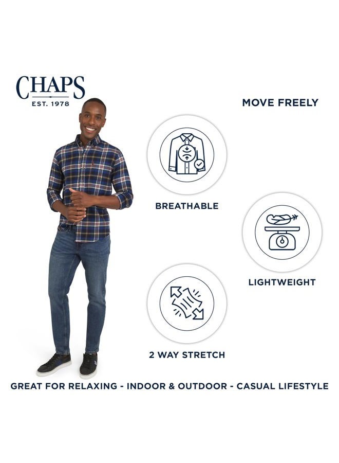 Chaps Men's Classic Fit Long Sleeve Button Down Stretch Flannel Casual Woven Shirt, Blue Multi, M - Image 2