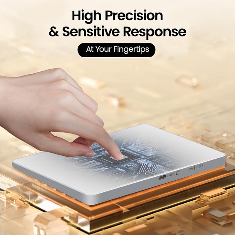 Wireless Trackpad: 6.4Inch Silver Tempered Glass Surface - 4-Finger Gesture Support Rechargeable Touchpad for Windows, Mac, Ipad, Laptops, Desktop PCs - Image 2
