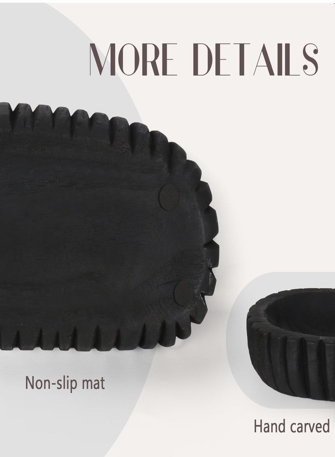 Oakrain Wooden Decorative Bowl for Home Decor, 16" Rustic Dough Bowl with Hand Carved Vertical Stripes, Long Wood Tray for Table Centerpieces, Matte Black - Image 3