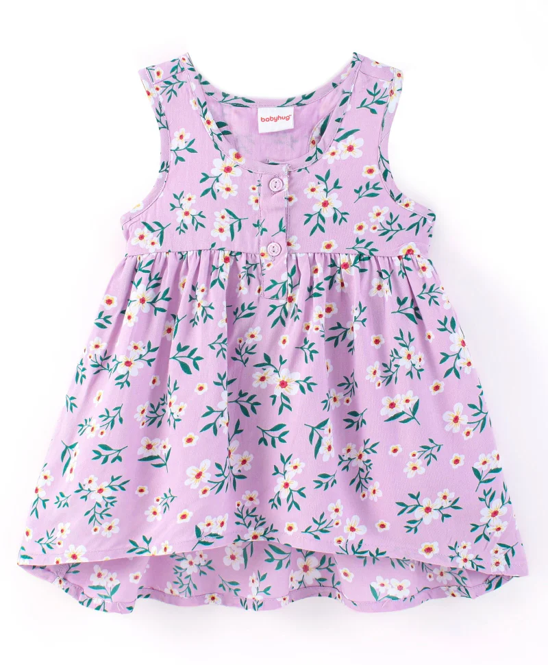 babyhug Babyhug Rayon Sleeveless Frock With Floral Print - Purple