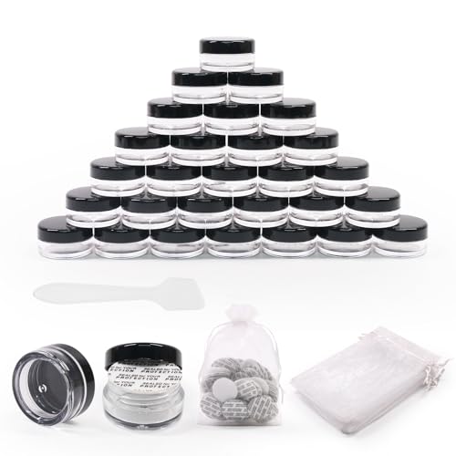 SumDirect 5 Gram Cosmetic Containers - 100Pcs Sample Jars with Lids, Small Plastic Makeup Sample Containers with 10Pcs Organza Bags and a Scoop - Image 1