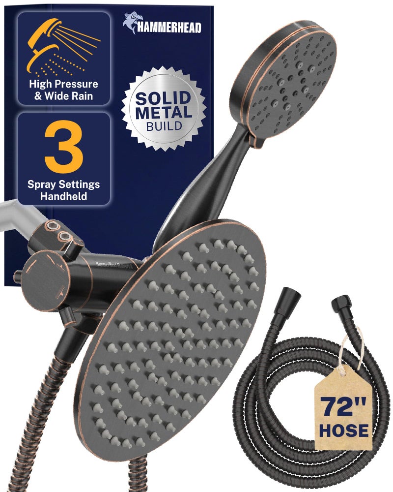 HammerHead Showers Dual Shower Head Combo 8Inch Rainfall 3Flow Handheld Oil Rubbed Bronze 25 GPM - Image 2