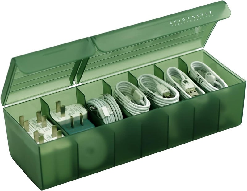 HOME CUBE Plastic Data Cable Organizer Box Charger Cable Management 7 Compartments Storage Box For Usb Cord Sorter, Cards, Paper Clips, Mobile Charger, Stationary Items (Green) - Image 1