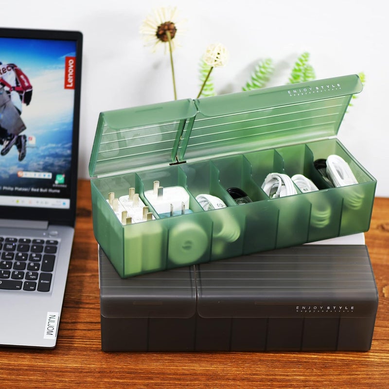 HOME CUBE Plastic Data Cable Organizer Box Charger Cable Management 7 Compartments Storage Box For Usb Cord Sorter, Cards, Paper Clips, Mobile Charger, Stationary Items (Green) - Image 3