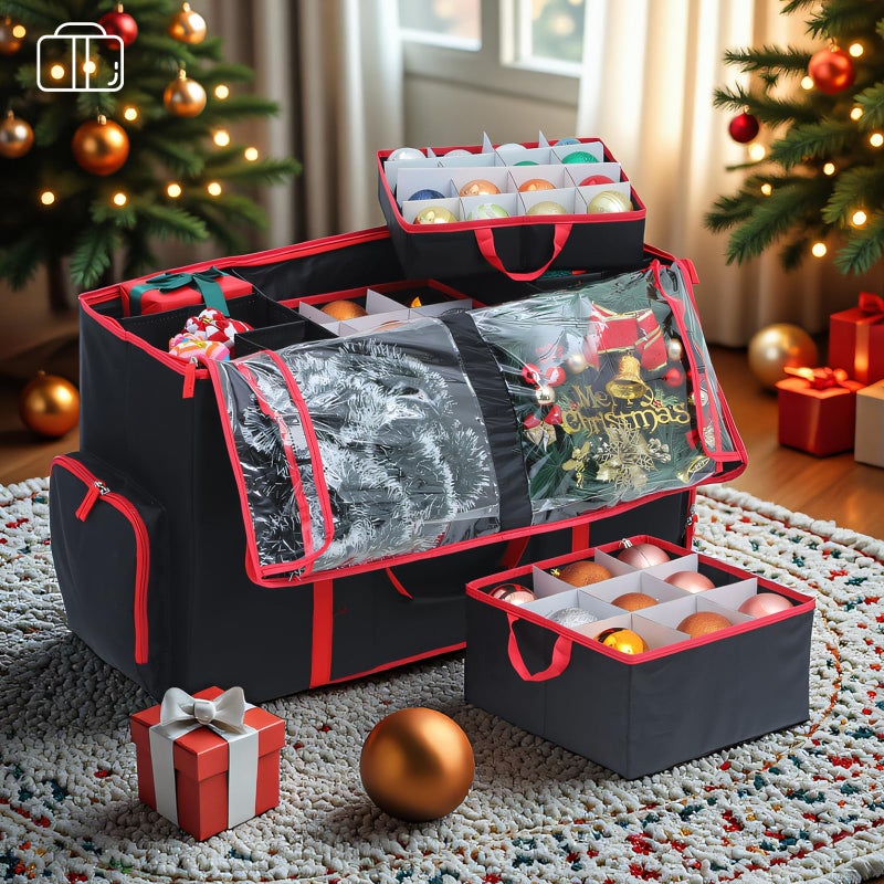 BIEBOS 2-In-1 Christmas Decoration Ornament Organizer Boxï¼Œ Movable Pallet Santas Bags Ornament Storage Containers, Holds 73 Holiday Ornaments, Adjustable Space For Figurines And Pockets For Decoration - Image 2
