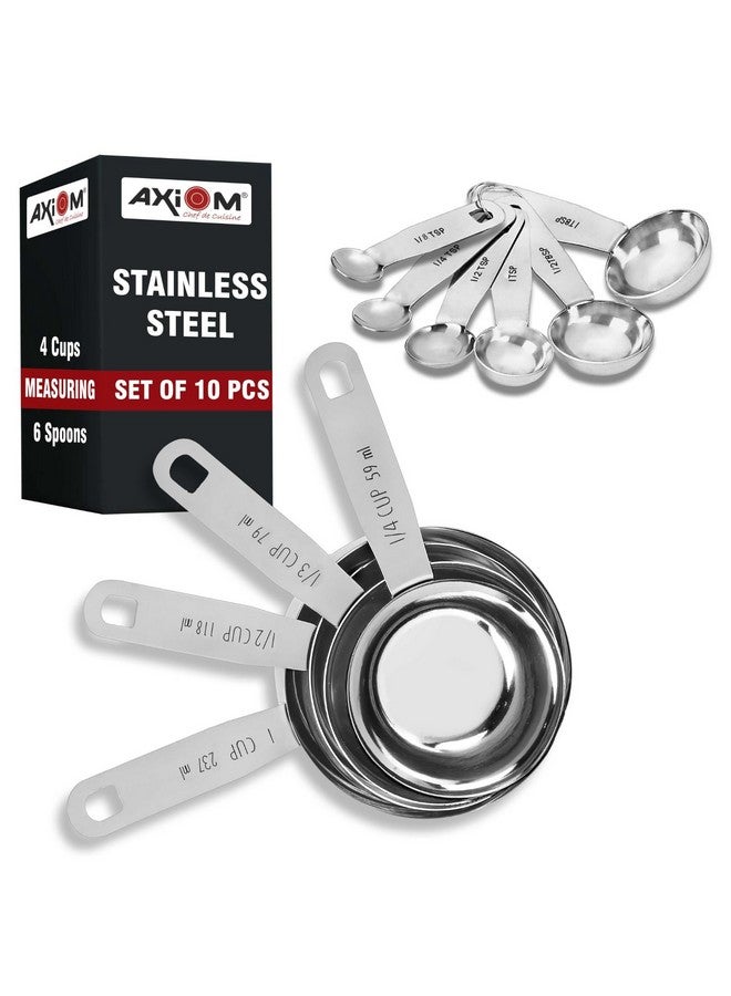 AXIOM Measuring Set of 10 pcs Stainless Steel Professional Quality for Baking, Cooking, 4 Stackable Measuring Cups and 6 Stackable Measuring Spoons with Measurement Engraving Handle - Image 1