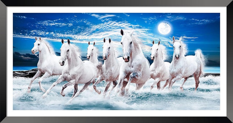 DBrush 7 Running Horses Vastu Painting Blessing Lucky Photo Frame Modern art with Hard Lamination artwork For Livingroom Office Decor Stylish Animal 12x24x1 inch Gift Item Synthetic Wood Blue - Image 1