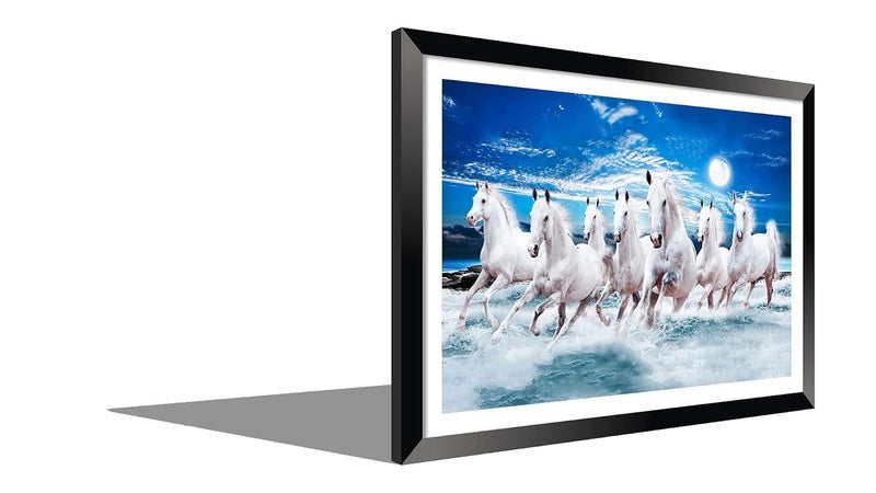 DBrush 7 Running Horses Vastu Painting Blessing Lucky Photo Frame Modern art with Hard Lamination artwork For Livingroom Office Decor Stylish Animal 12x24x1 inch Gift Item Synthetic Wood Blue - Image 4