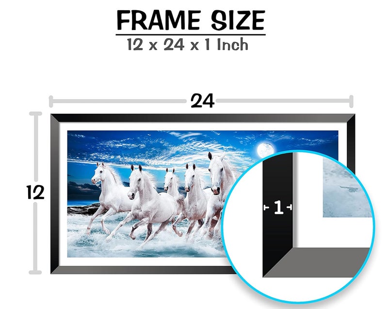 DBrush 7 Running Horses Vastu Painting Blessing Lucky Photo Frame Modern art with Hard Lamination artwork For Livingroom Office Decor Stylish Animal 12x24x1 inch Gift Item Synthetic Wood Blue - Image 3