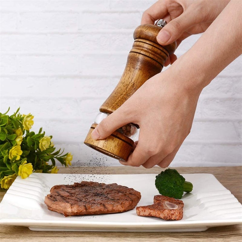 Haomacro Wood Salt and Pepper Grinder Set, Manual Mills with Acrylic Window, Adjustable Ceramic Grinding - 6.5inch, 2 Pack - Image 3