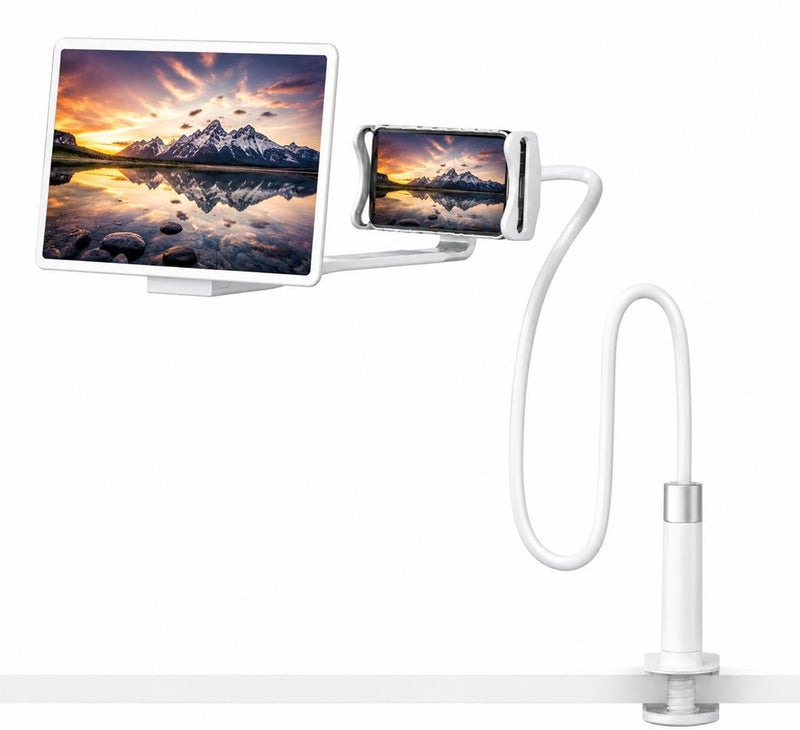 Phone Screen Magnifier & Flexible Holder 2 In 1 Mobile Phone Screen Magnifier with 360° Flexible Stand for Office and Bed Support 4.6-10.5 Inch Phones (White) - Image 1