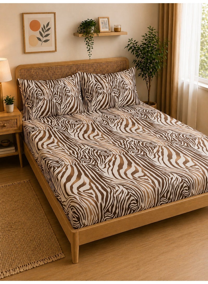 Eworld 3-Piece Fitted Bedsheet Set, Zebra Print, 100% Cotton, 125 GSM, 1 Fitted Sheet + 2 Pillowcases – Available in King, Queen and Single Sizes - Image 1