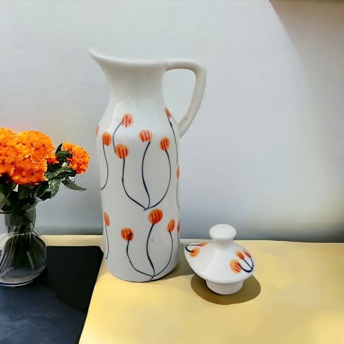 MALAIKAH Off White Floral Printed Ceramic Oil Dispenser|Exquisitely Handmade&Painted Ceramic Oil Dispenser|Perfect For Kitchen Use|Ideal For Storing&Pouring Cooking Oils|Pack Of 1,300 Ml - Image 2
