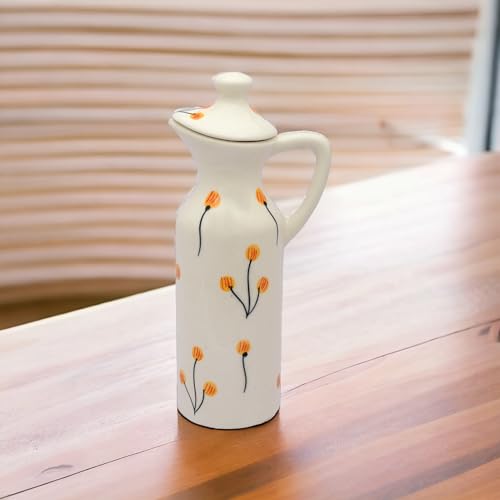 MALAIKAH Off White Floral Printed Ceramic Oil Dispenser|Exquisitely Handmade&Painted Ceramic Oil Dispenser|Perfect For Kitchen Use|Ideal For Storing&Pouring Cooking Oils|Pack Of 1,300 Ml - Image 1
