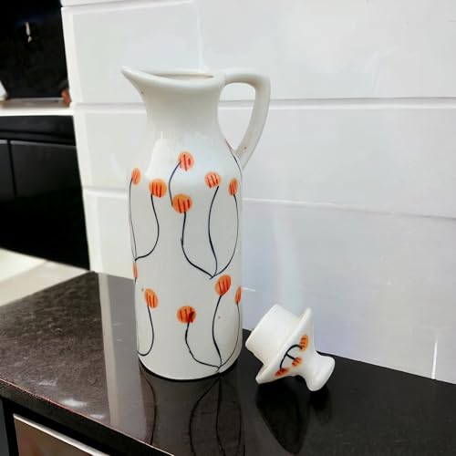 MALAIKAH Off White Floral Printed Ceramic Oil Dispenser|Exquisitely Handmade&Painted Ceramic Oil Dispenser|Perfect For Kitchen Use|Ideal For Storing&Pouring Cooking Oils|Pack Of 1,300 Ml - Image 5