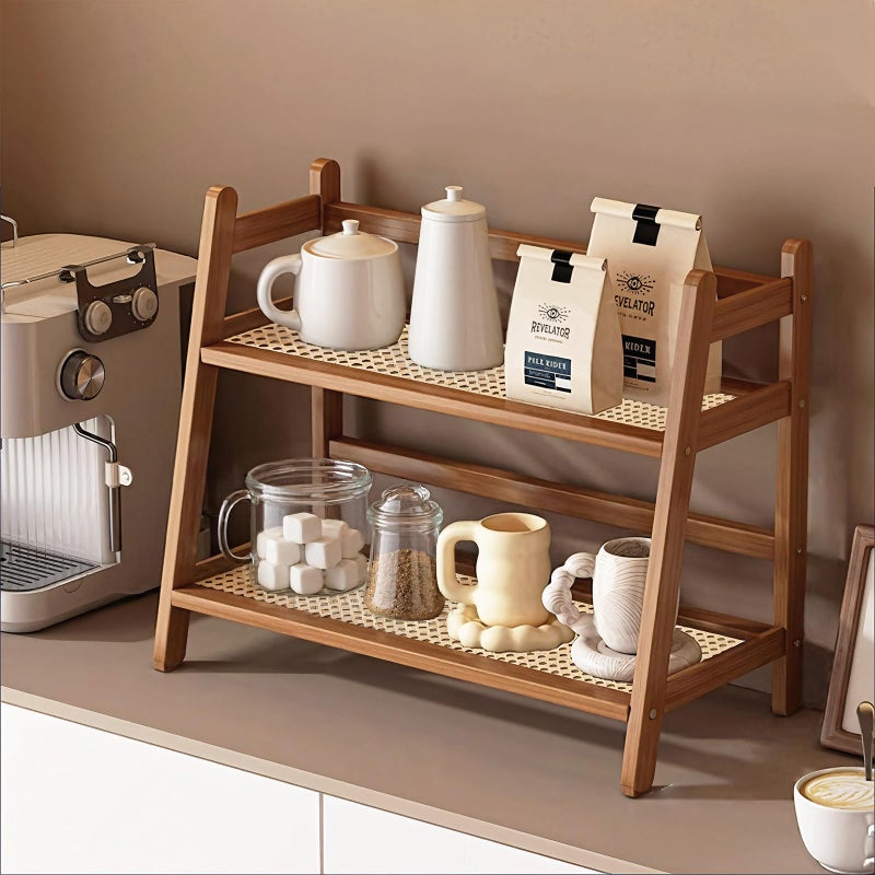 D-werack Coffee Station Organizer, Bamboo Mug Holder Countertop, Kitchen Counter Shelf for Tea Coffee Bar Accessories, Matcha Stand, Cup Display, Condiment Storage Rack, 2 Tier, Brown - Image 1