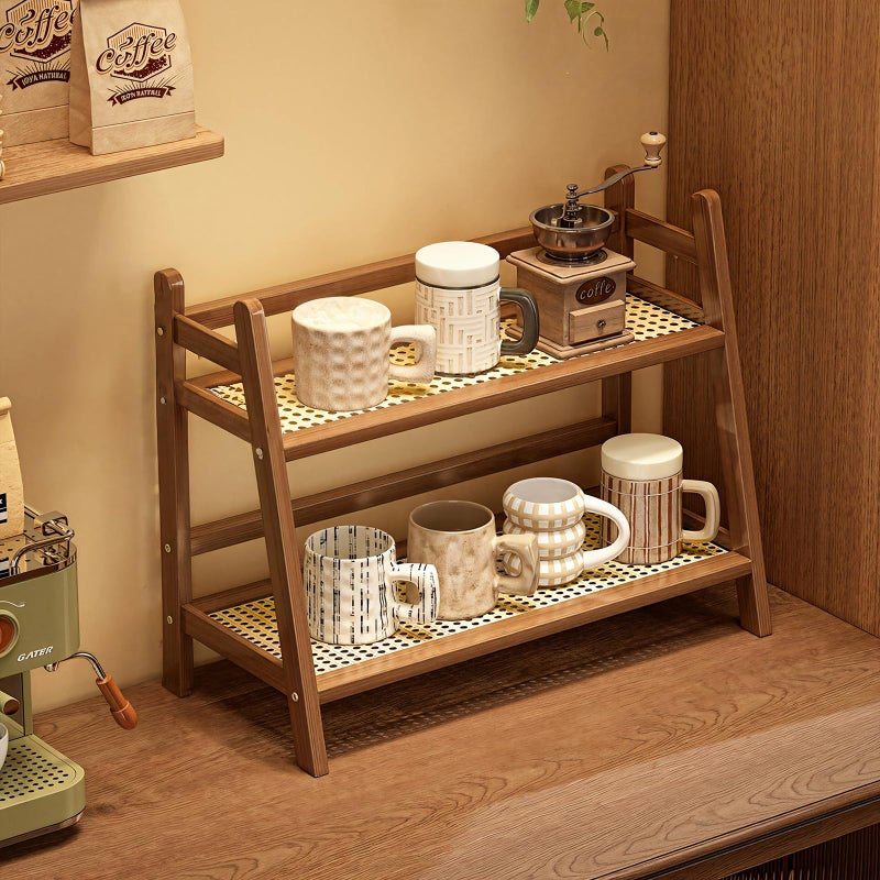 D-werack Coffee Station Organizer, Bamboo Mug Holder Countertop, Kitchen Counter Shelf for Tea Coffee Bar Accessories, Matcha Stand, Cup Display, Condiment Storage Rack, 2 Tier, Brown - Image 4