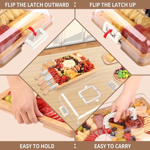 CAWIU Charcuterie Board with Lid and Handle - Portable Travel Design Bamboo Cheese Board Set with 4 Cheese Tools, Gift for Housewarming, Weddings, Picnics (1 Compartment, White) - Image 2