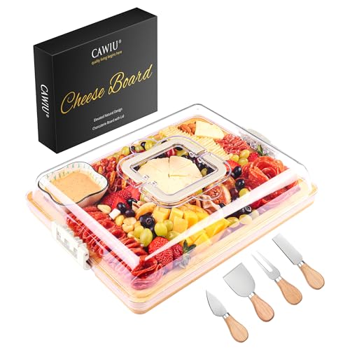 CAWIU Charcuterie Board with Lid and Handle - Portable Travel Design Bamboo Cheese Board Set with 4 Cheese Tools, Gift for Housewarming, Weddings, Picnics (1 Compartment, White) - Image 1