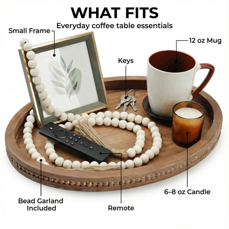 Relaxing Garden 16" x 11.8" Oval Wood Decorative Tray with 58" Bead Garland, Farmhouse Coffee Table & Kitchen Island DÃ©cor, Rustic Brown Entryway Console Tray for Styling, Candles & Small Items - Image 4