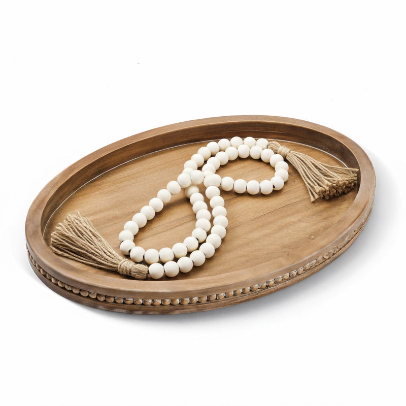 Relaxing Garden 16" x 11.8" Oval Wood Decorative Tray with 58" Bead Garland, Farmhouse Coffee Table & Kitchen Island DÃ©cor, Rustic Brown Entryway Console Tray for Styling, Candles & Small Items - Image 1